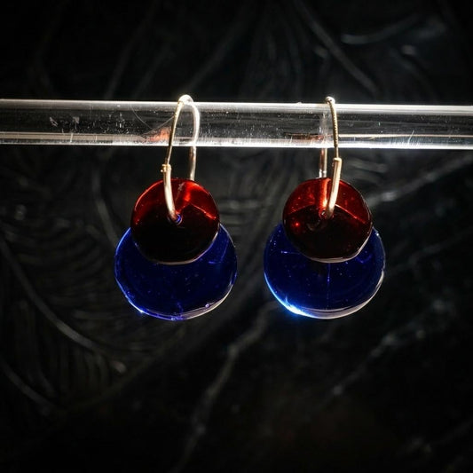 Mondrian Inspired Red and Blue Glass Hoops, Celestial Crescent and Moon Dangles, Handblown Modern Art Jewelry, Unique Gift for Her