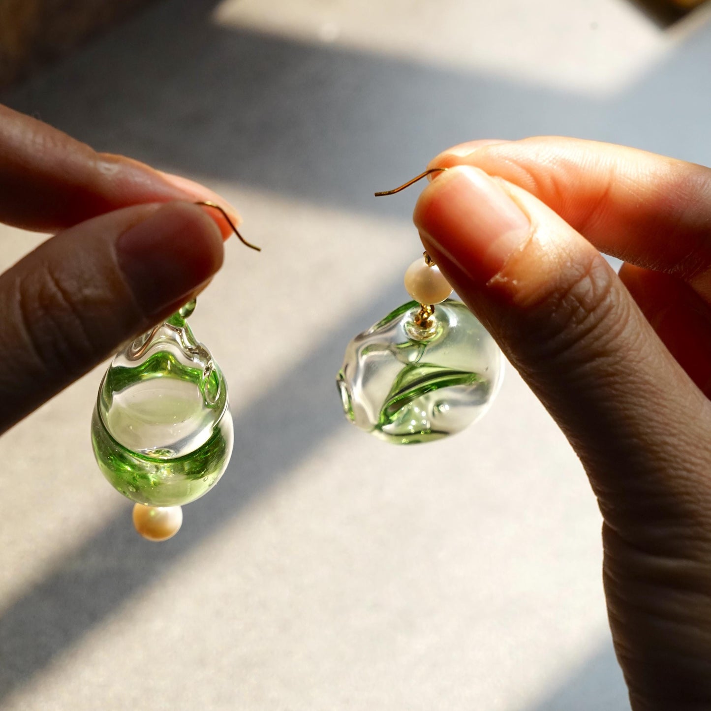 Asymmetric Moss Green Glass Earrings, Handblown Botanical Jewelry, Sage Green Dangles with Pearls, Unique Nature Inspired Gift for Her