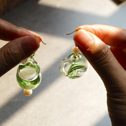 Moss Green Glass & Pearl Earrings