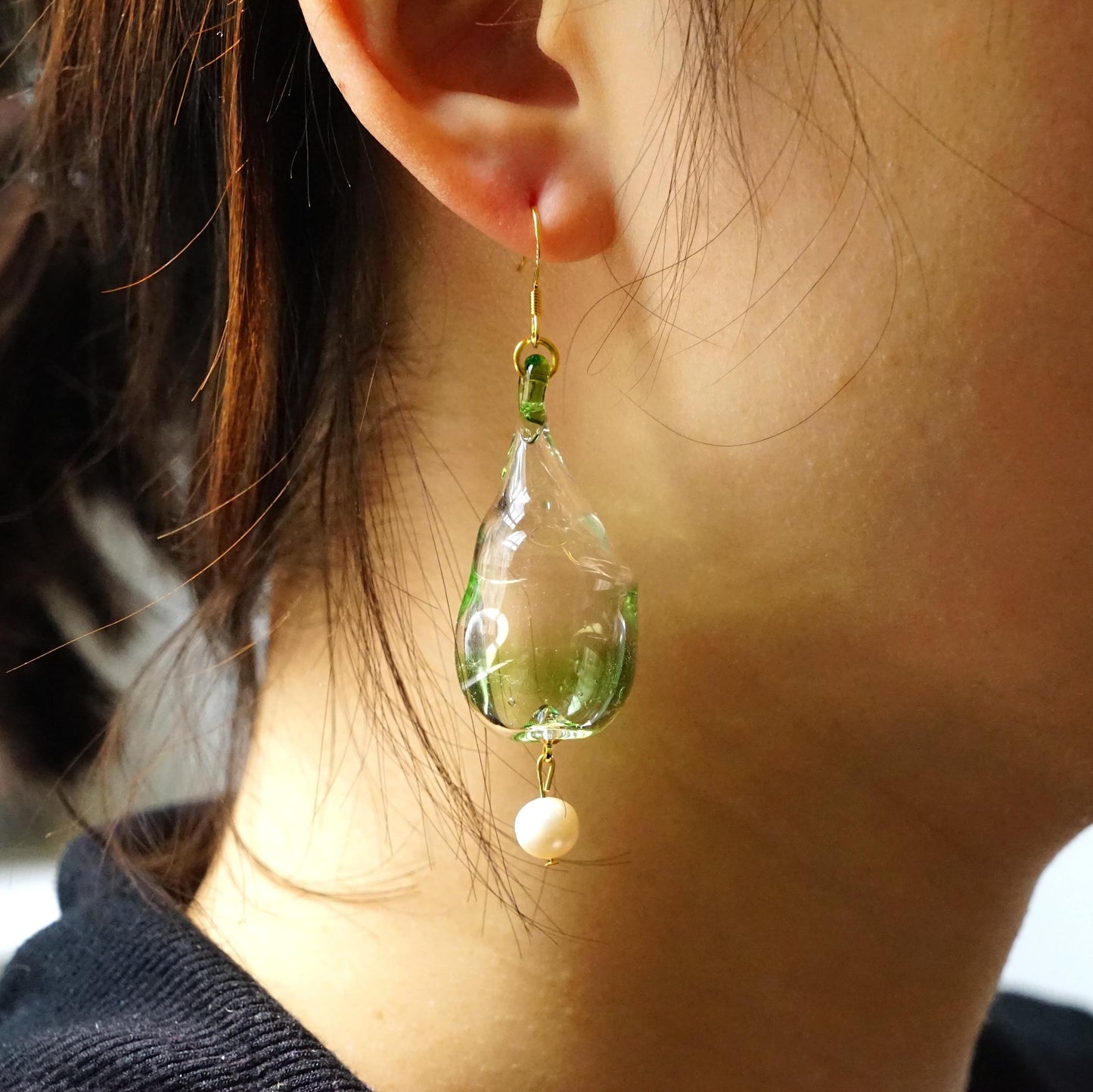 Asymmetric Moss Green Glass Earrings, Handblown Botanical Jewelry, Sage Green Dangles with Pearls, Unique Nature Inspired Gift for Her
