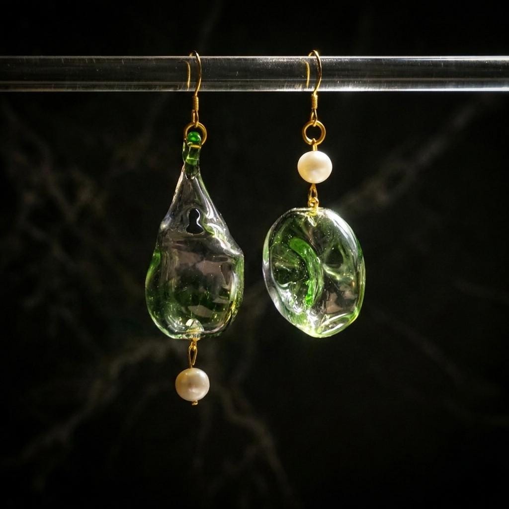 Asymmetric Moss Green Glass Earrings, Handblown Botanical Jewelry, Sage Green Dangles with Pearls, Unique Nature Inspired Gift for Her