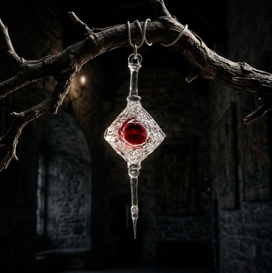 Alchemist's Crimson Stone Necklace, Handblown Glass Magic Pendant, Dark Academia Aesthetic, Gothic Sorcerer Jewelry,Unique Geek Gift