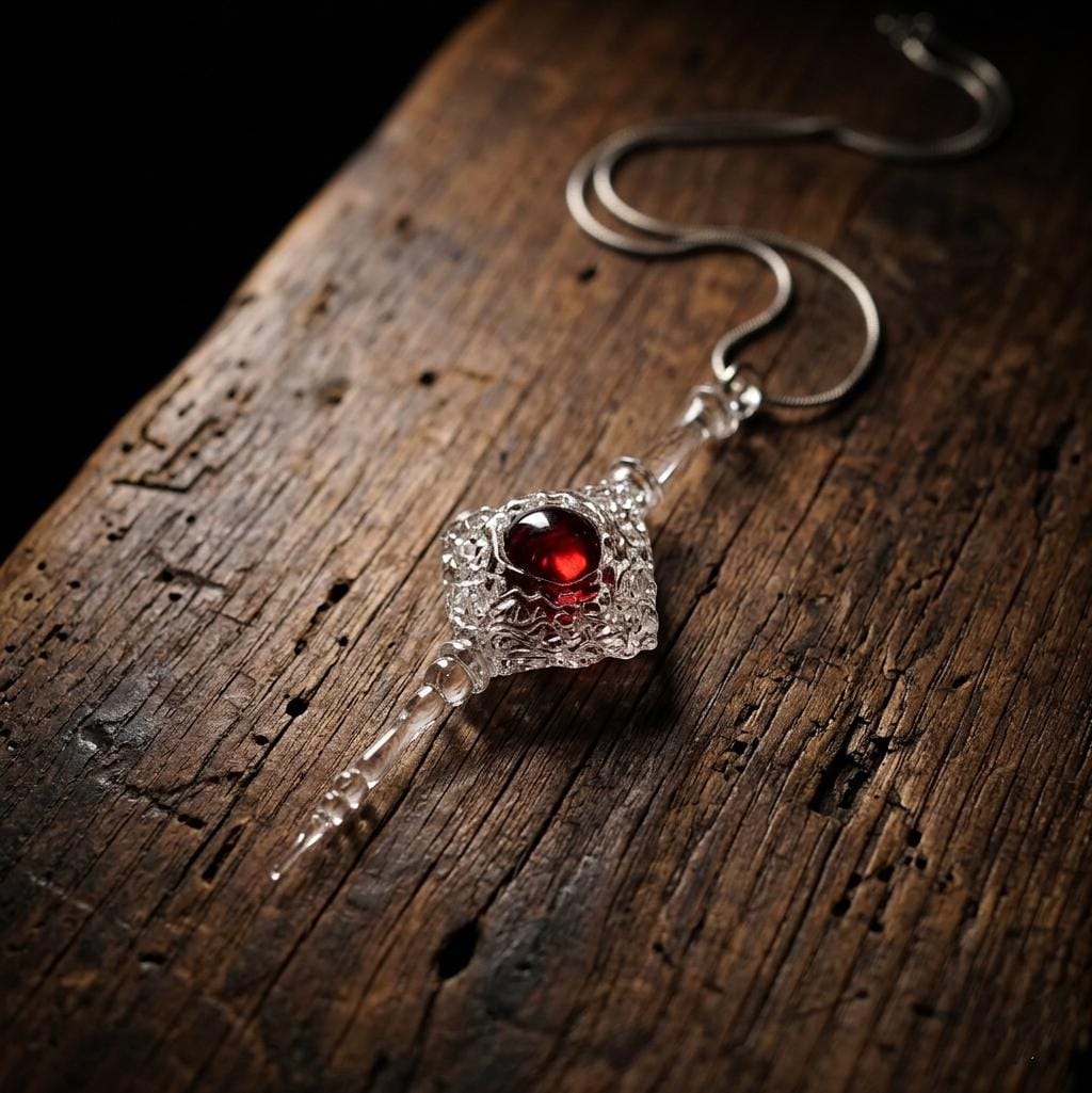 Alchemist's Crimson Stone Necklace, Handblown Glass Magic Pendant, Dark Academia Aesthetic, Gothic Sorcerer Jewelry,Unique Geek Gift