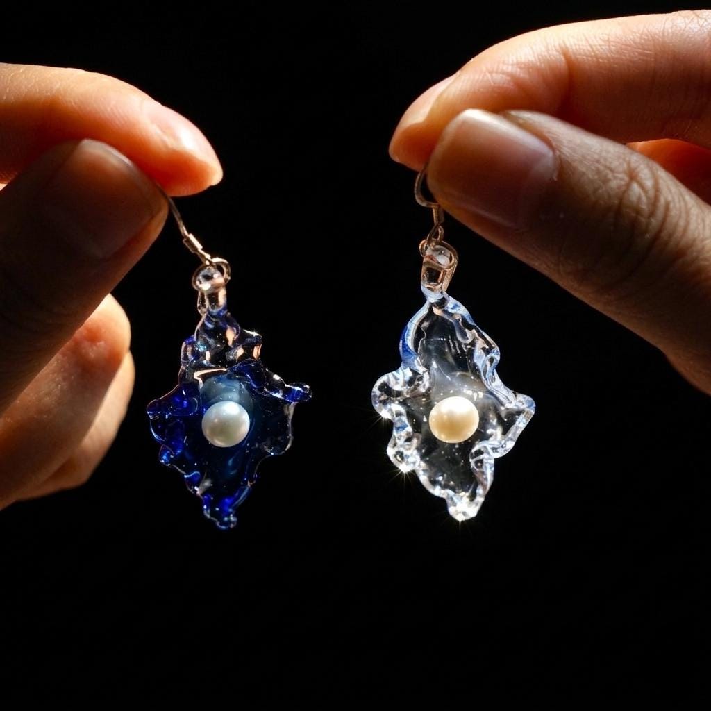 Asymmetric Glass Pearl Earrings, Handblown Blue Dangles, Nature Inspired, Unique Art Lover Gift