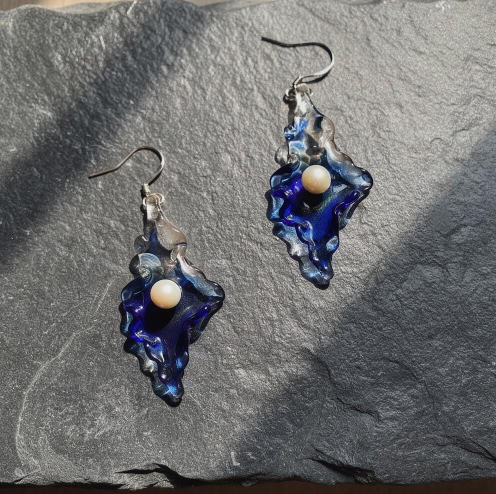 Asymmetric Glass Pearl Earrings, Handblown Blue Dangles, Nature Inspired, Unique Art Lover Gift