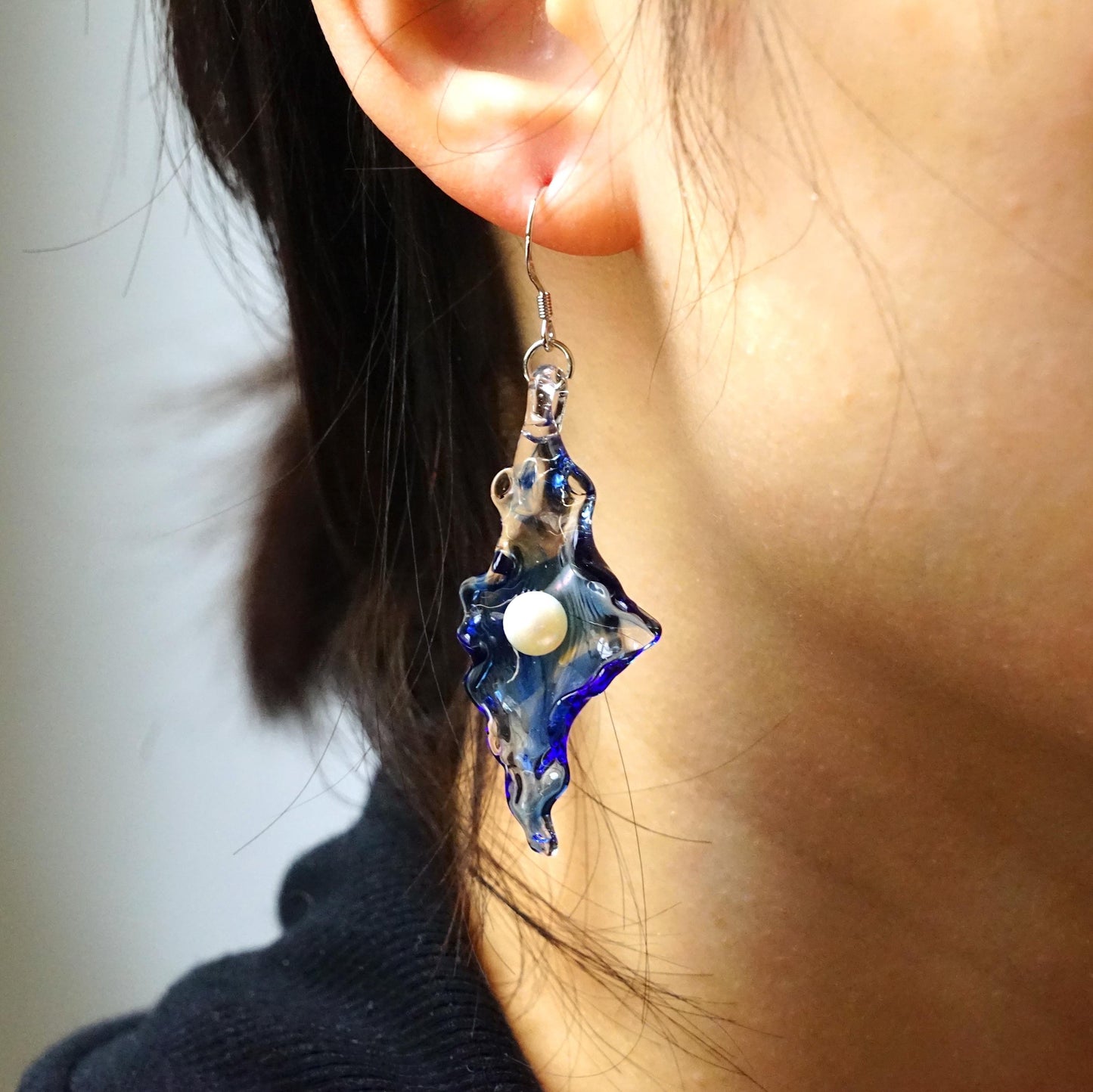 Asymmetric Glass Pearl Earrings, Handblown Blue Dangles, Nature Inspired, Unique Art Lover Gift