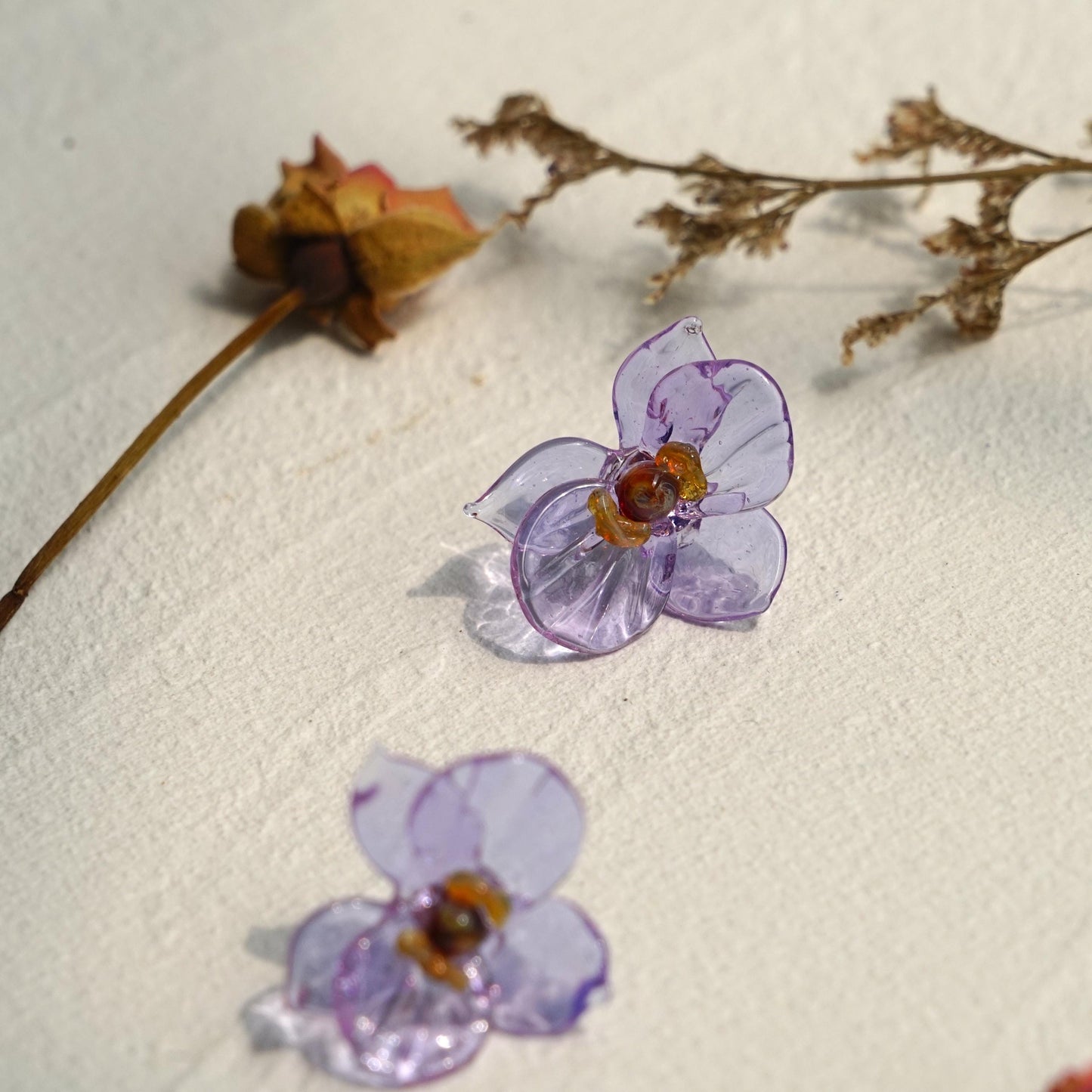 Lavender Glass Orchid Earrings, Handblown Phalaenopsis Jewelry, Botanical Flower Studs, Unique Nature Lover Gift for Her