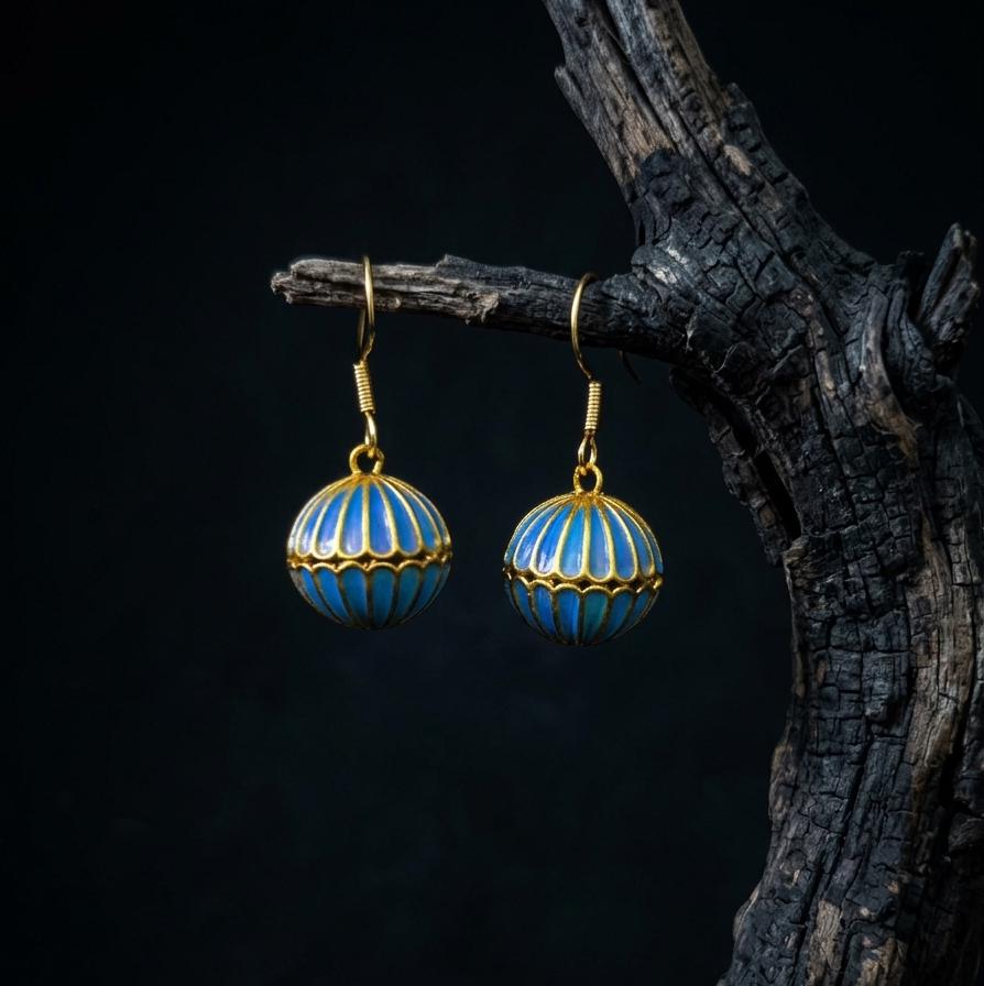 Feather Earrings Blue Drop, Iridescent Gold Dangle Earrings, Unique Anniversary Gift for Her, 925 Sterling Silver, Handmade Nature Jewelry