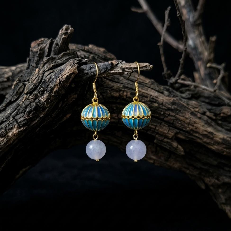 Feather Earrings Blue Drop, Iridescent Gold Dangle Earrings, Unique Anniversary Gift for Her, 925 Sterling Silver, Handmade Nature Jewelry