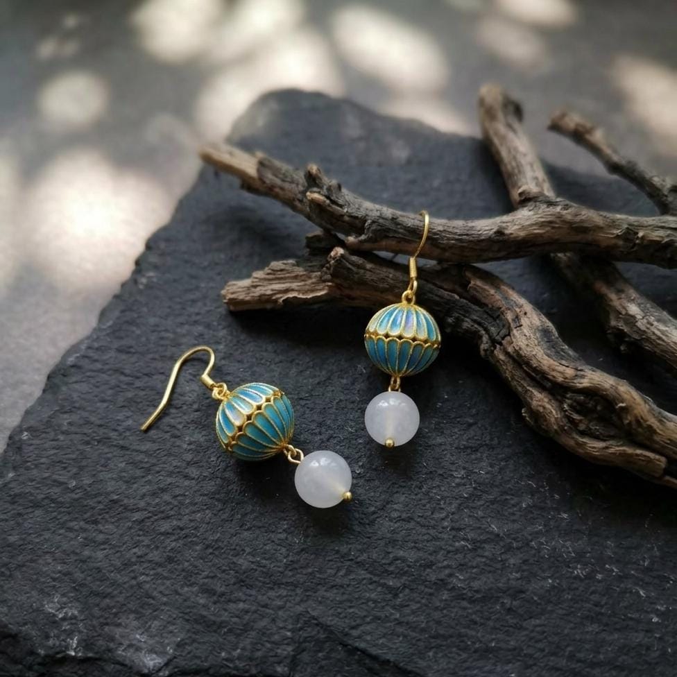 Feather Earrings Blue Drop, Iridescent Gold Dangle Earrings, Unique Anniversary Gift for Her, 925 Sterling Silver, Handmade Nature Jewelry
