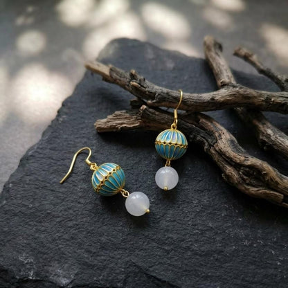Blue Feather Orb Drop Earrings