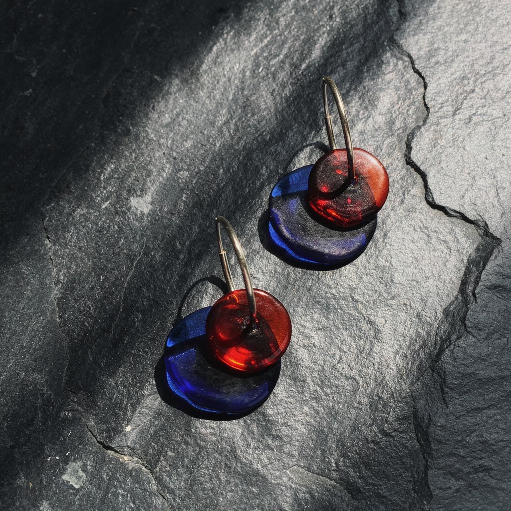 Mondrian Inspired Red and Blue Glass Hoops, Celestial Crescent and Moon Dangles, Handblown Modern Art Jewelry, Unique Gift for Her
