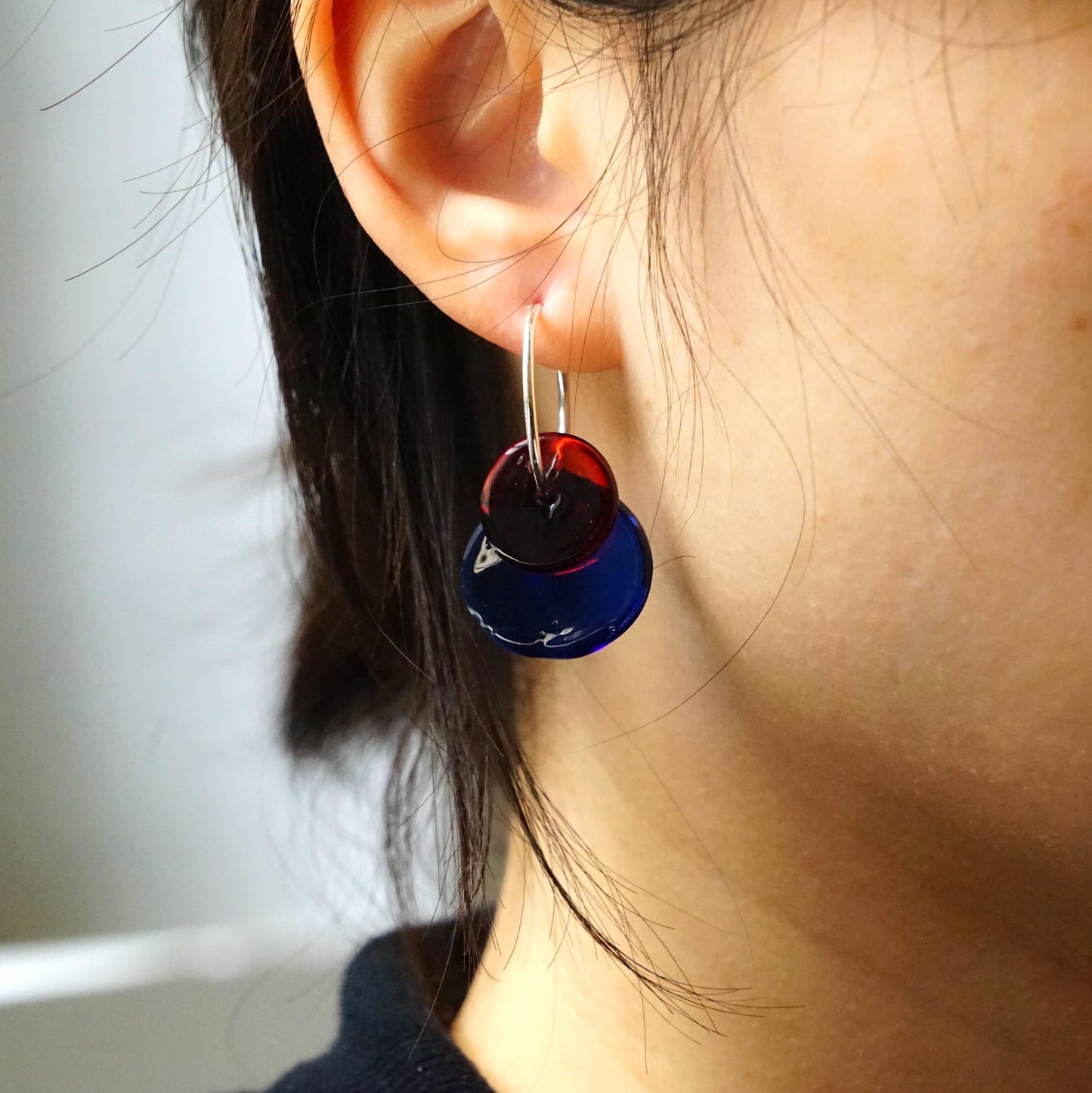 Mondrian Inspired Red and Blue Glass Hoops, Celestial Crescent and Moon Dangles, Handblown Modern Art Jewelry, Unique Gift for Her
