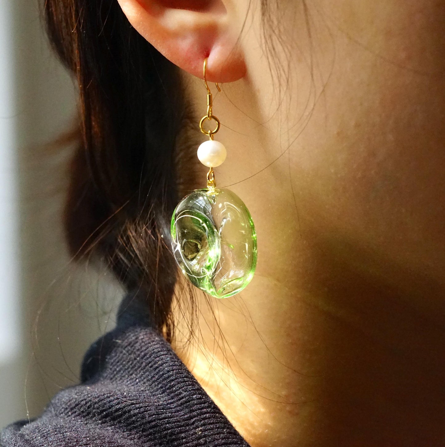 Asymmetric Moss Green Glass Earrings, Handblown Botanical Jewelry, Sage Green Dangles with Pearls, Unique Nature Inspired Gift for Her