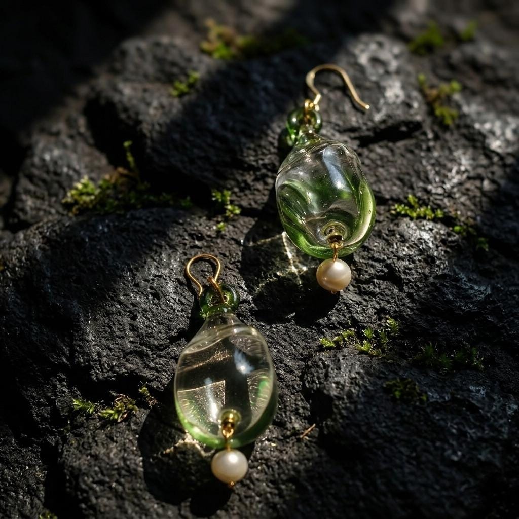 Asymmetric Moss Green Glass Earrings, Handblown Botanical Jewelry, Sage Green Dangles with Pearls, Unique Nature Inspired Gift for Her