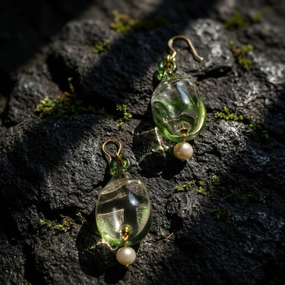 Moss Green Glass & Pearl Earrings