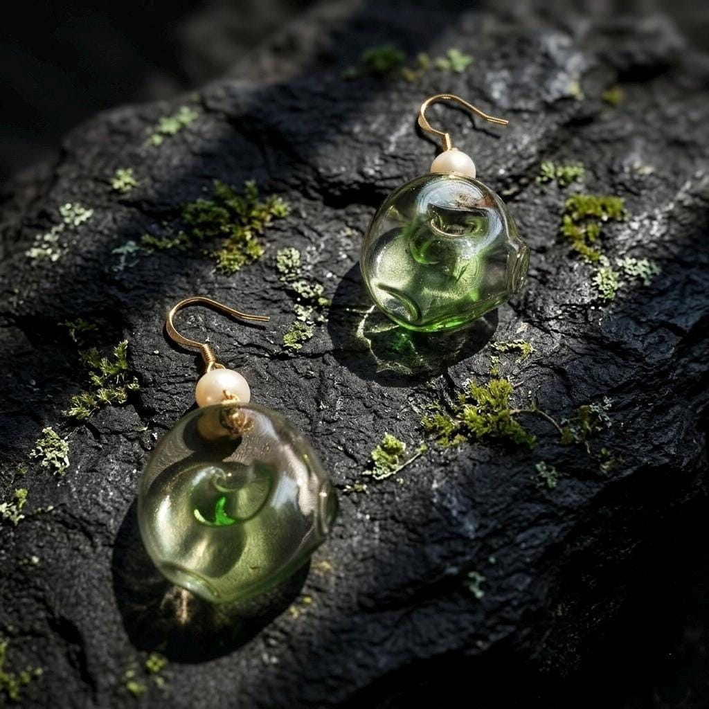 Asymmetric Moss Green Glass Earrings, Handblown Botanical Jewelry, Sage Green Dangles with Pearls, Unique Nature Inspired Gift for Her