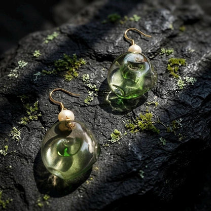 Moss Green Glass & Pearl Earrings