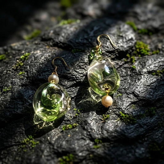 Asymmetric Moss Green Glass Earrings, Handblown Botanical Jewelry, Sage Green Dangles with Pearls, Unique Nature Inspired Gift for Her