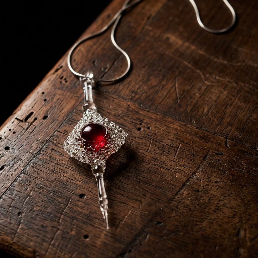 Alchemist's Crimson Stone Necklace, Handblown Glass Magic Pendant, Dark Academia Aesthetic, Gothic Sorcerer Jewelry,Unique Geek Gift