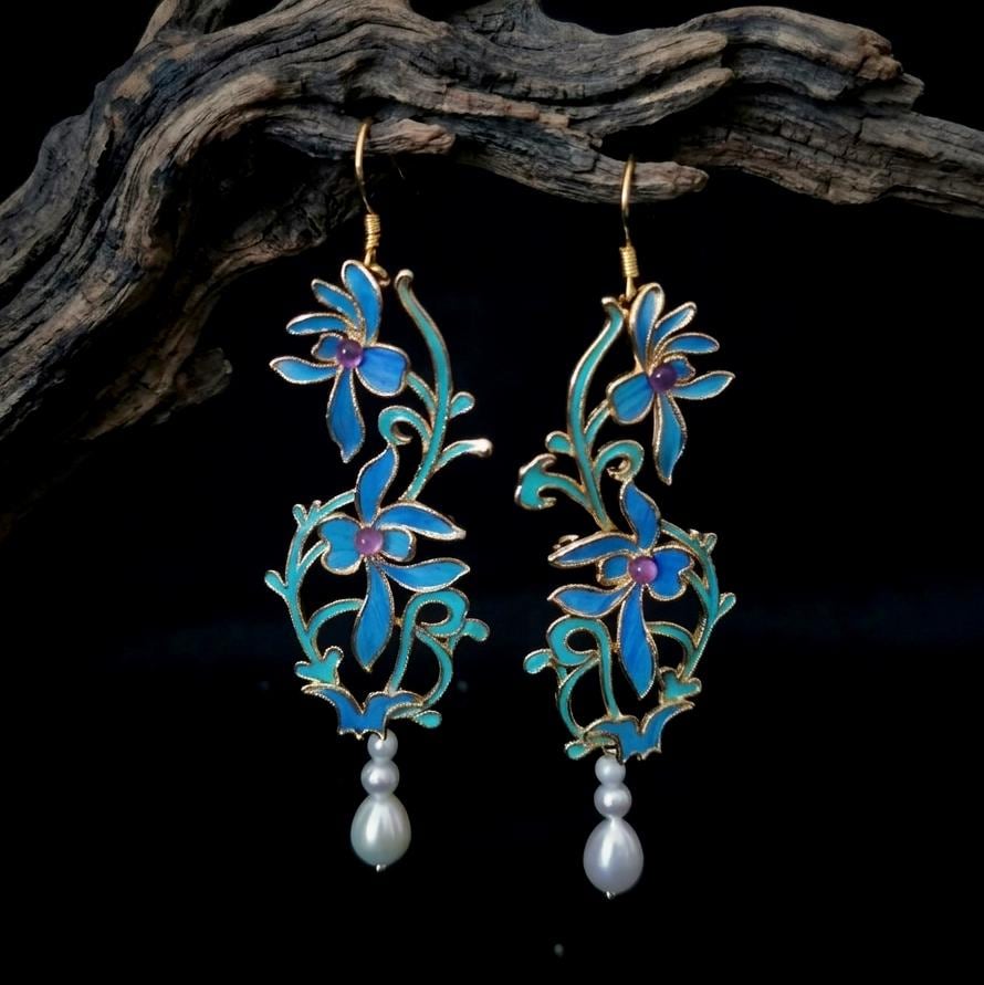 Blue Feather Earrings, Iris Flower Dangle, Amethyst and Pearl Jewelry, Unique Gift for Her, Something Blue for Bride, Nature Inspired Art