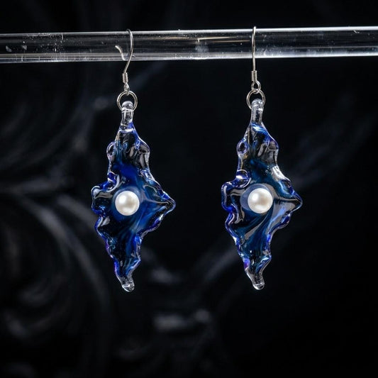 Asymmetric Glass Pearl Earrings, Handblown Blue Dangles, Nature Inspired, Unique Art Lover Gift
