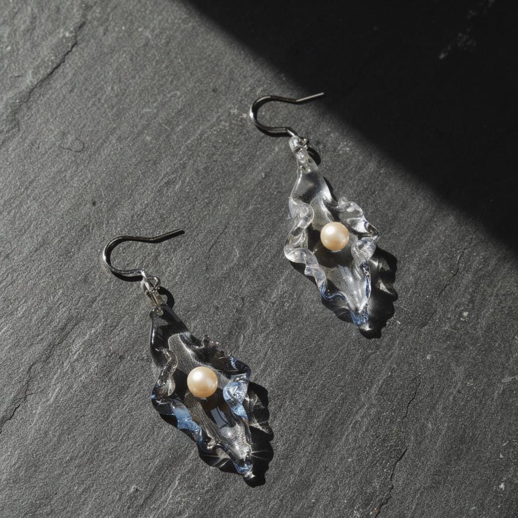Asymmetric Glass Pearl Earrings, Handblown Blue Dangles, Nature Inspired, Unique Art Lover Gift