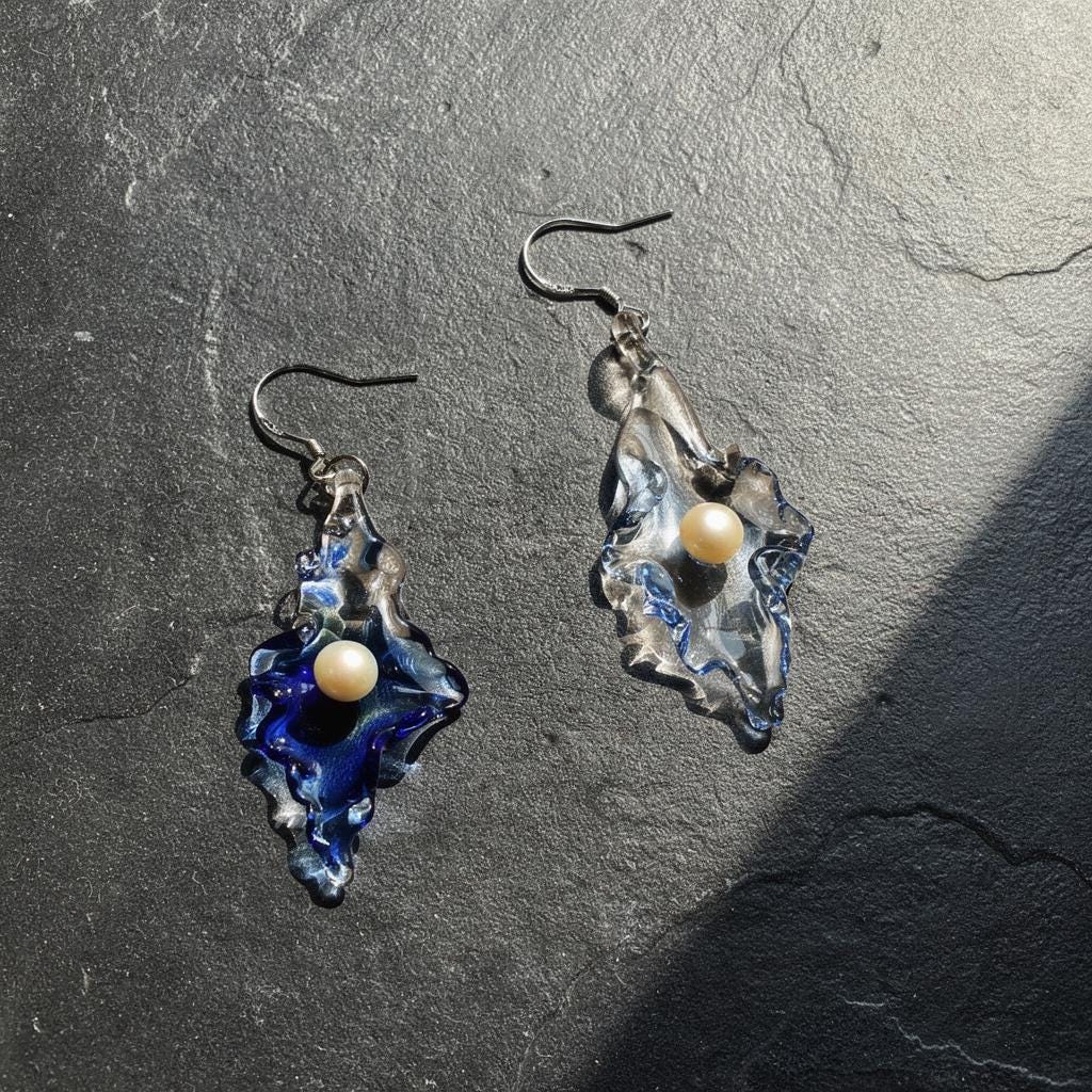 Asymmetric Glass Pearl Earrings, Handblown Blue Dangles, Nature Inspired, Unique Art Lover Gift