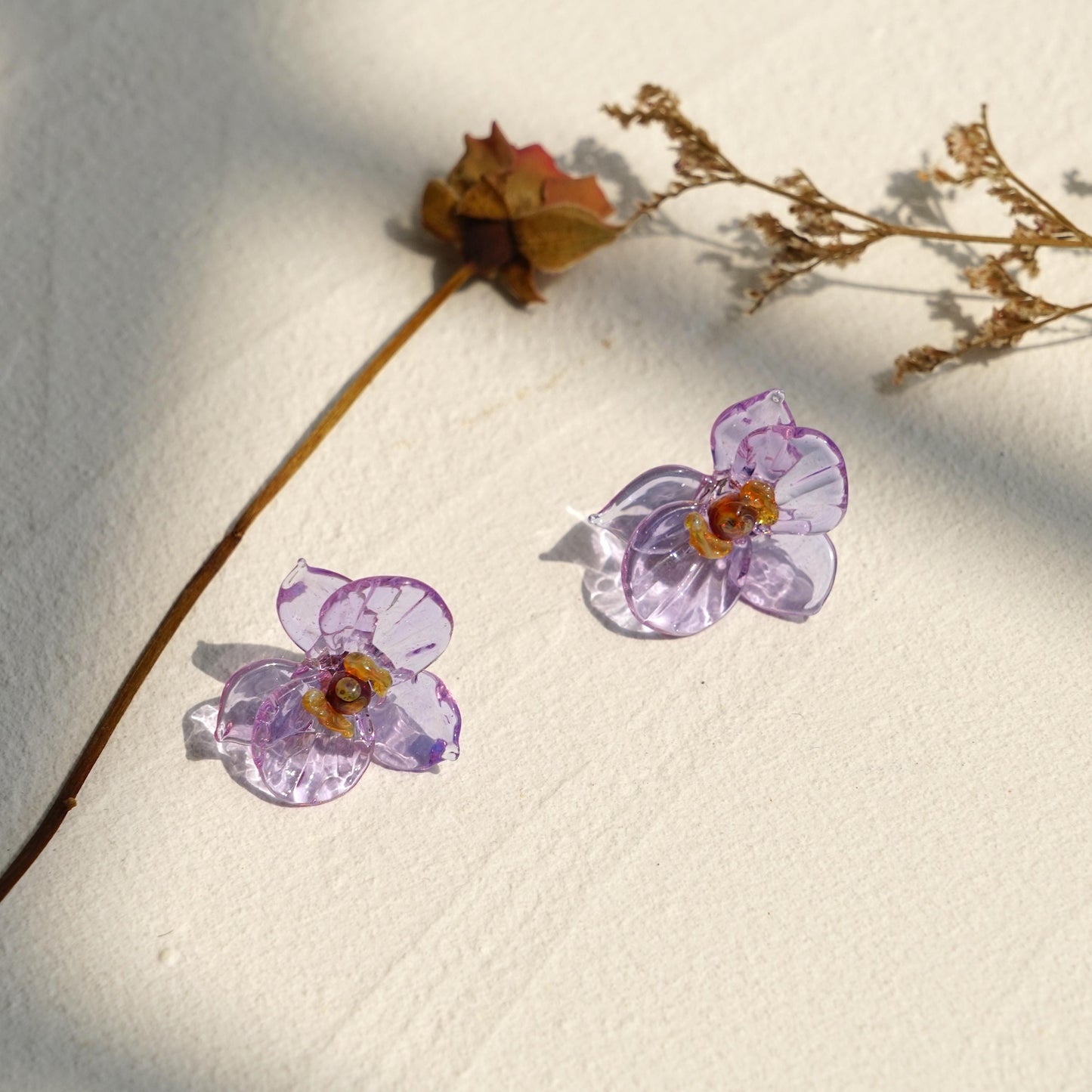 Lavender Glass Orchid Earrings, Handblown Phalaenopsis Jewelry, Botanical Flower Studs, Unique Nature Lover Gift for Her