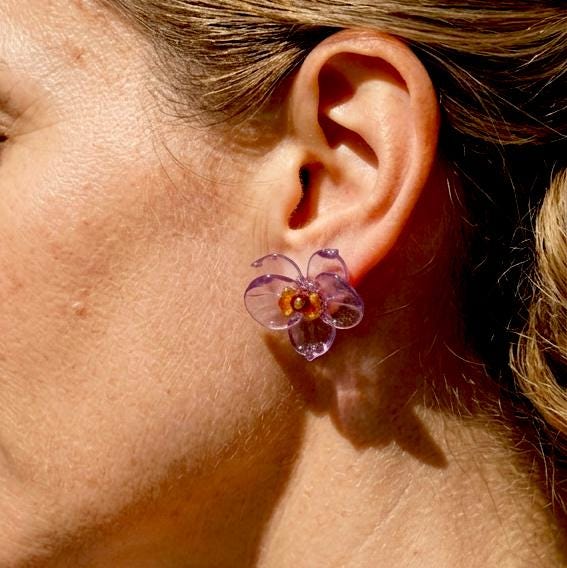 Lavender Glass Orchid Earrings worn view