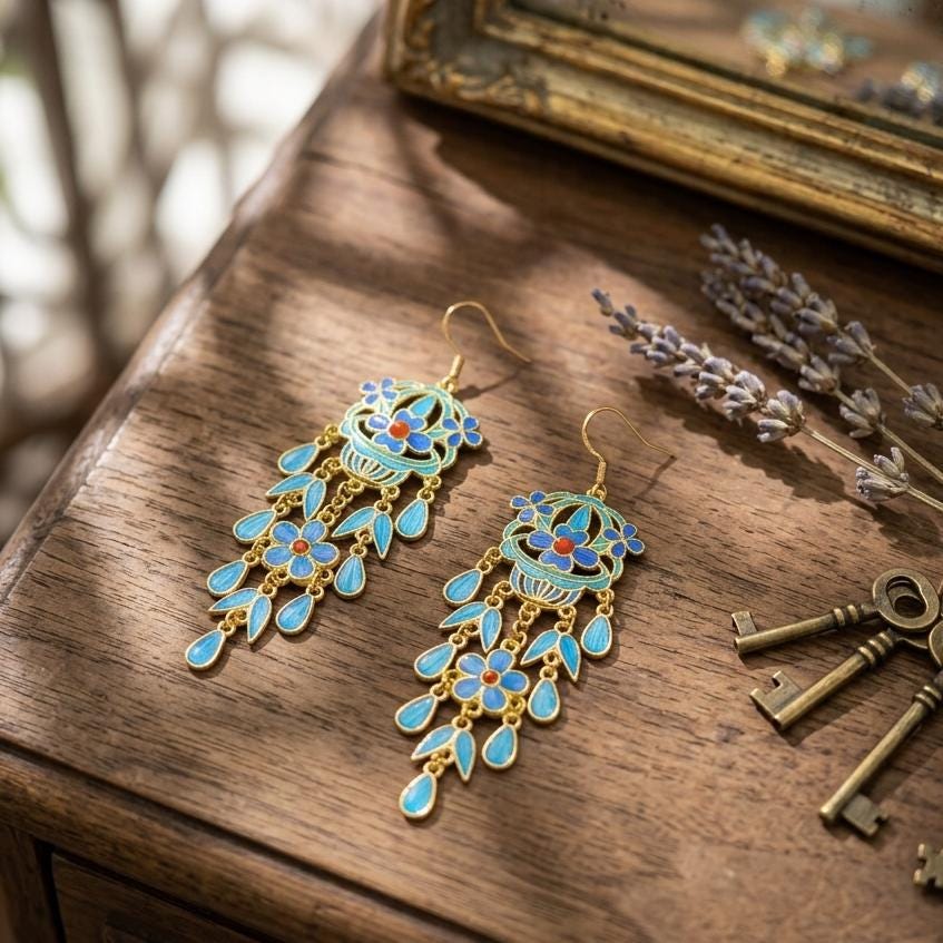Floral Chandelier Earrings, Blue Feather Dangles, Red Agate Statement Jewelry, Long Tassel Gift for Her, Nature Inspired Art