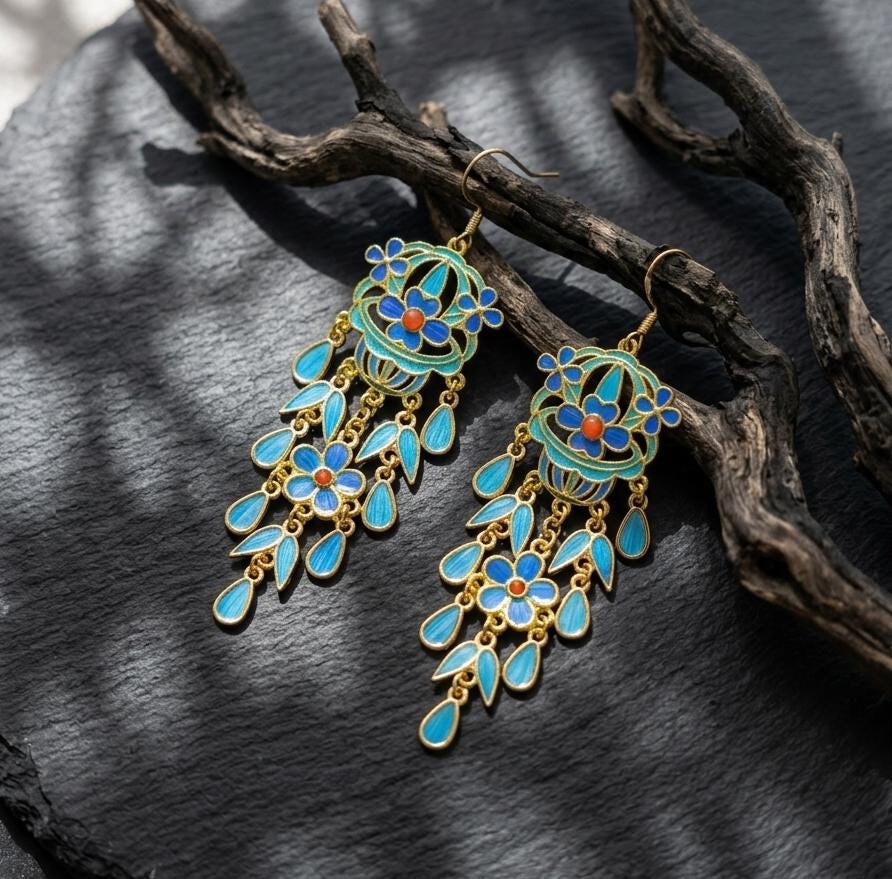 Floral Chandelier Earrings, Blue Feather Dangles, Red Agate Statement Jewelry, Long Tassel Gift for Her, Nature Inspired Art