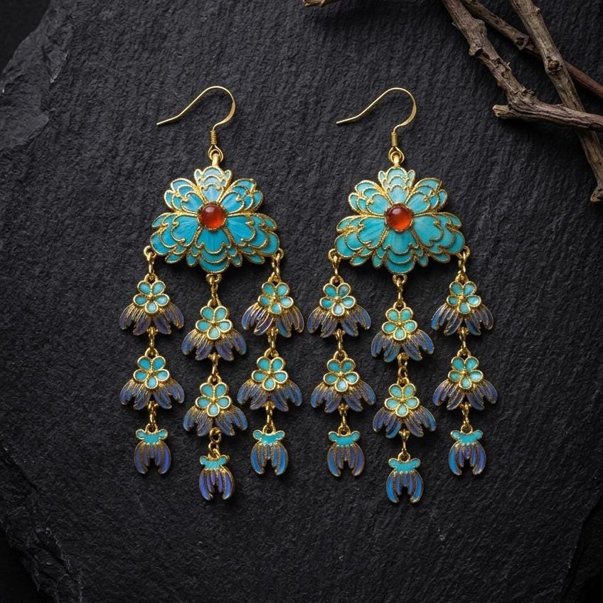Floral Chandelier Earrings, Peony Blue Feather Dangles, Red Agate Statement Jewelry, Long Tassel Gift for Her, Nature Inspired Art