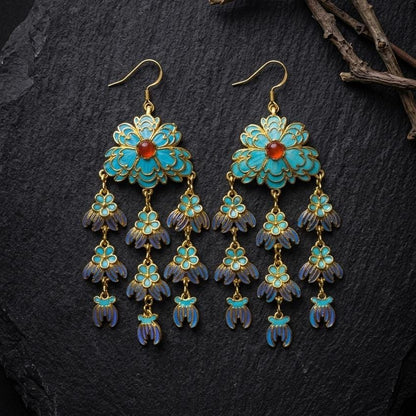 Peony Blue Feather Chandelier Earrings
