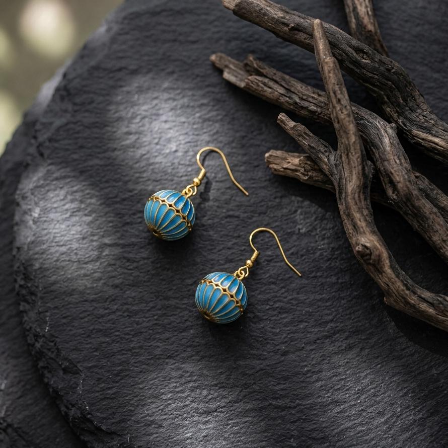 Feather Earrings Blue Drop, Iridescent Gold Dangle Earrings, Unique Anniversary Gift for Her, 925 Sterling Silver, Handmade Nature Jewelry
