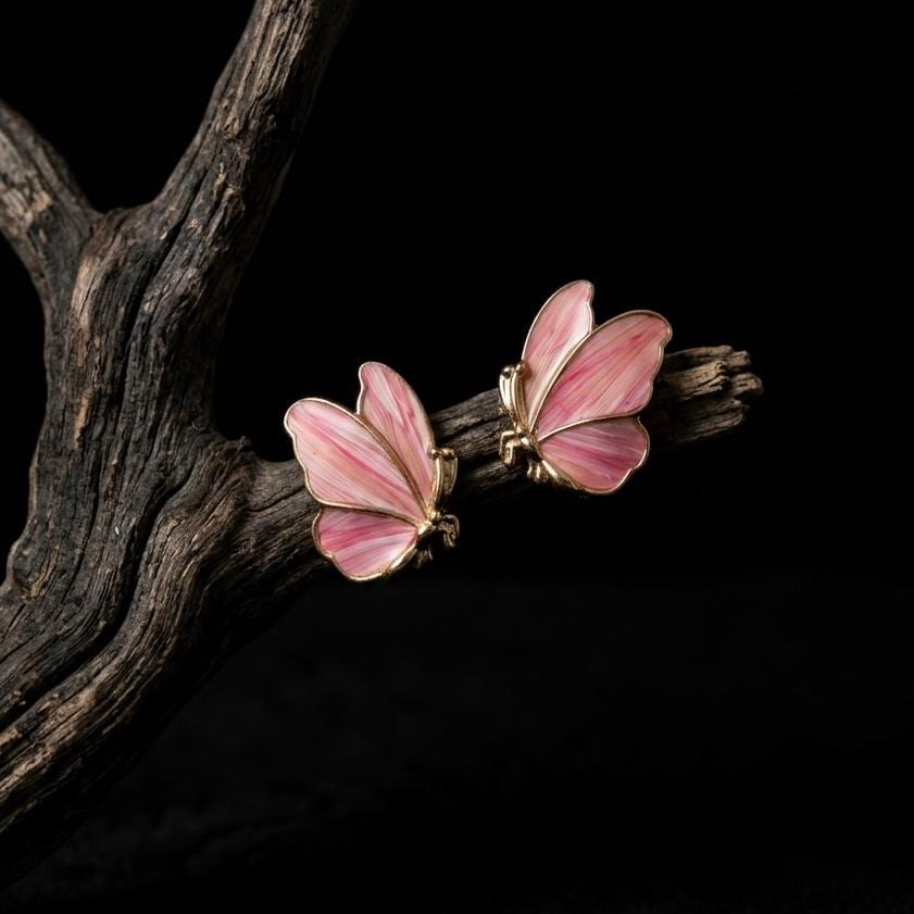 Pink Butterfly Earrings, Real Feather Gold Studs, 925 Silver Post Butterfly Jewelry, Nature Inspired Gift for Her