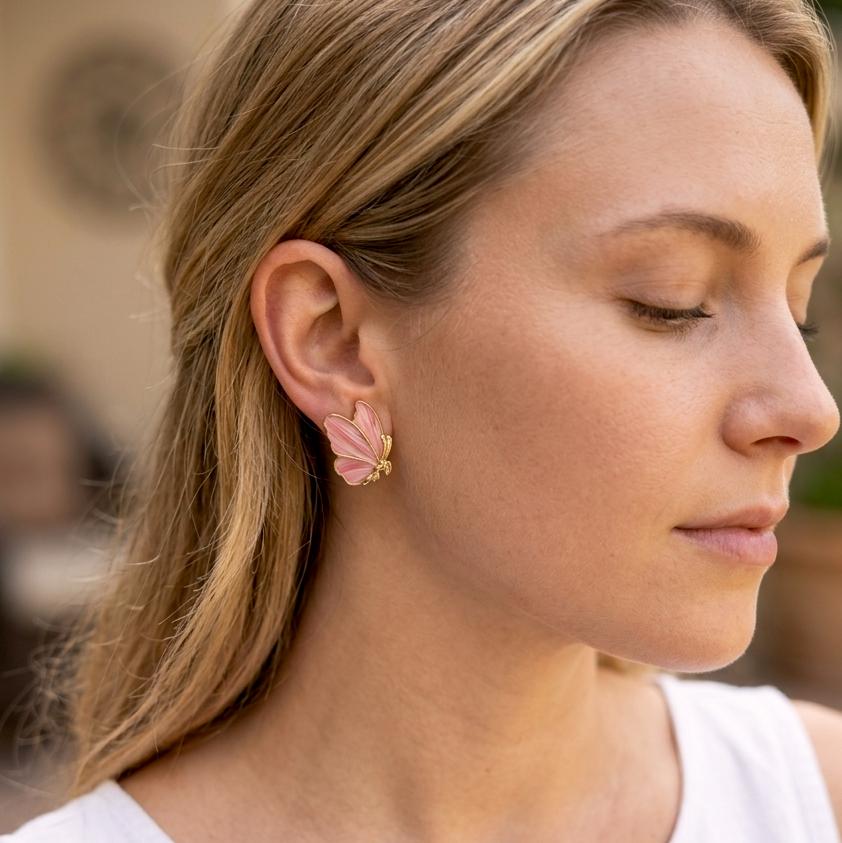 Pink Butterfly Earrings, Real Feather Gold Studs, 925 Silver Post Butterfly Jewelry, Nature Inspired Gift for Her