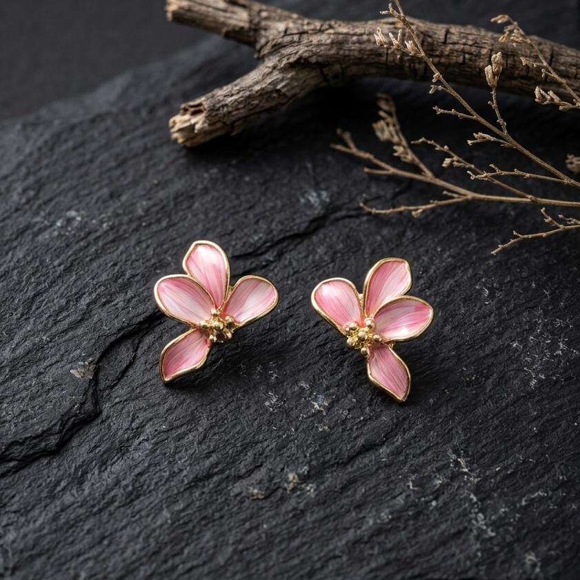 Pink Flower Petal Earrings, Real Feather Gold Studs, 925 Silver Post Floral Jewelry, Romantic Botanical Gift for Her, Cherry Blossom