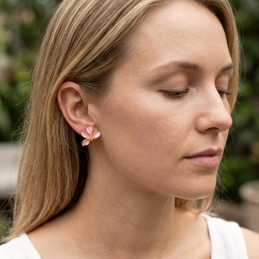 Pink Flower Petal Earrings, Real Feather Gold Studs, 925 Silver Post Floral Jewelry, Romantic Botanical Gift for Her, Cherry Blossom