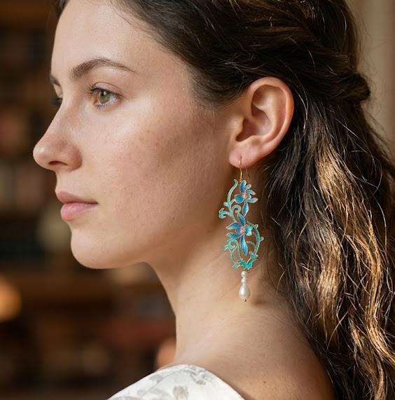 Blue Feather Earrings, Iris Flower Dangle, Amethyst and Pearl Jewelry, Unique Gift for Her, Something Blue for Bride, Nature Inspired Art