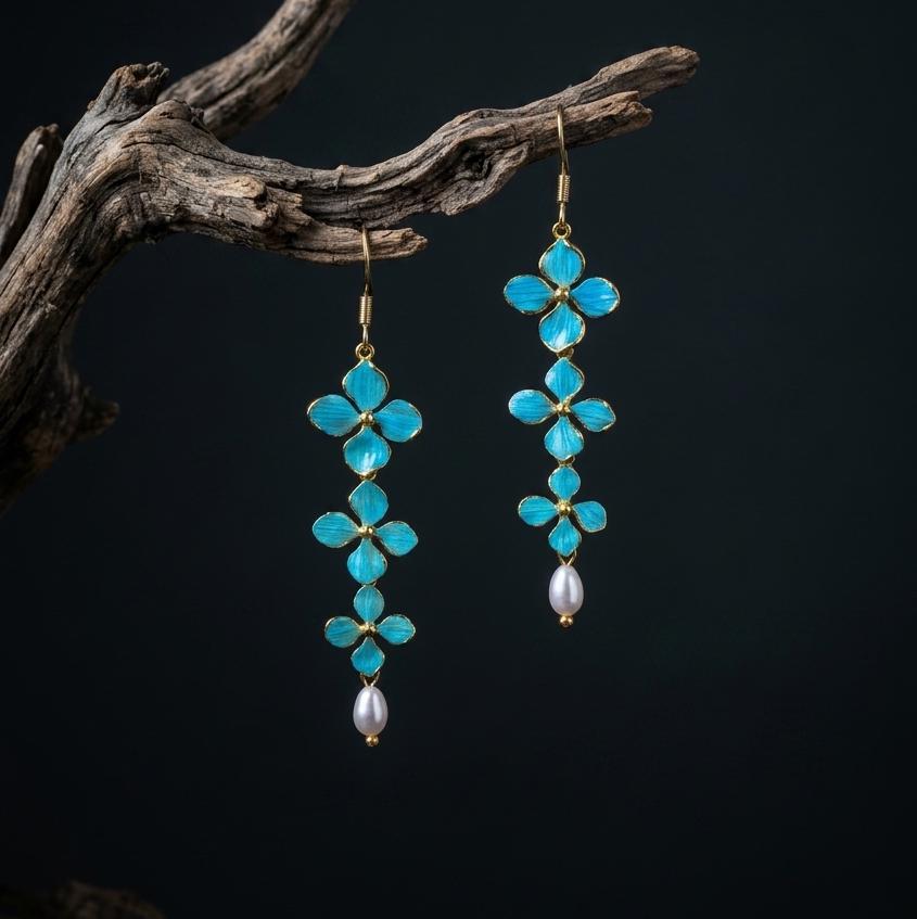 Lucky Clover Dangle Earrings, Mother's Day Gift, Turquoise Blue Feather Earrings, 925 Silver Gold Hook, Long Pearl Drop Jewelry