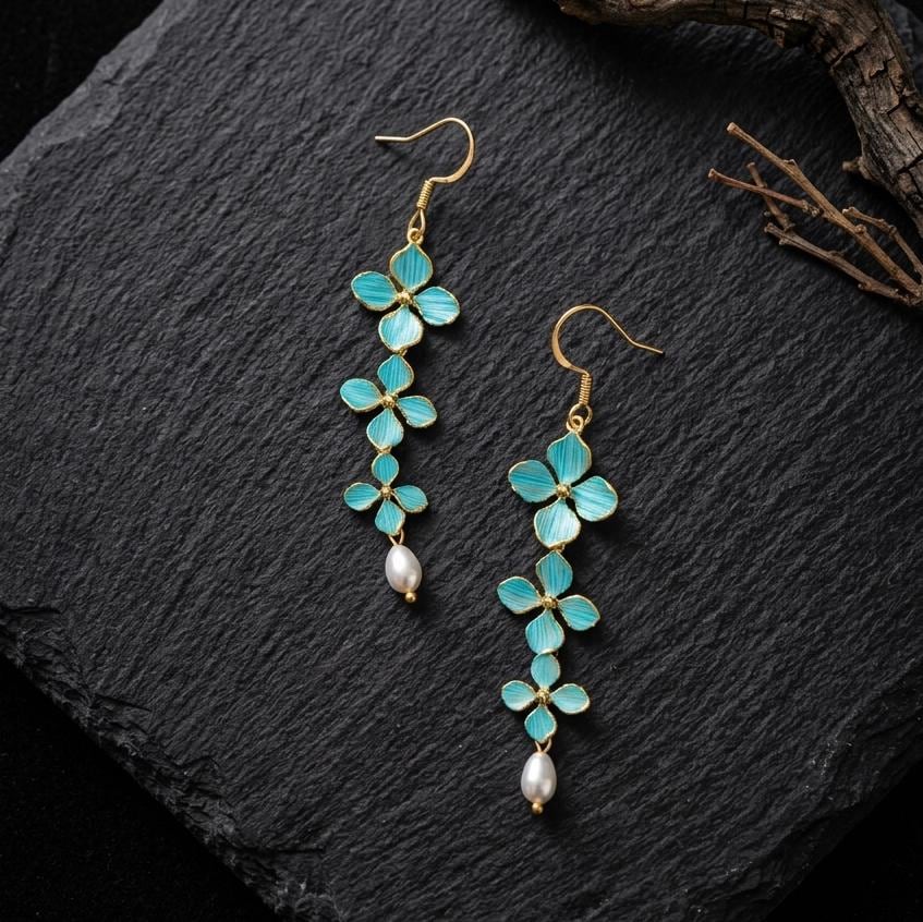Lucky Clover Dangle Earrings, Mother's Day Gift, Turquoise Blue Feather Earrings, 925 Silver Gold Hook, Long Pearl Drop Jewelry