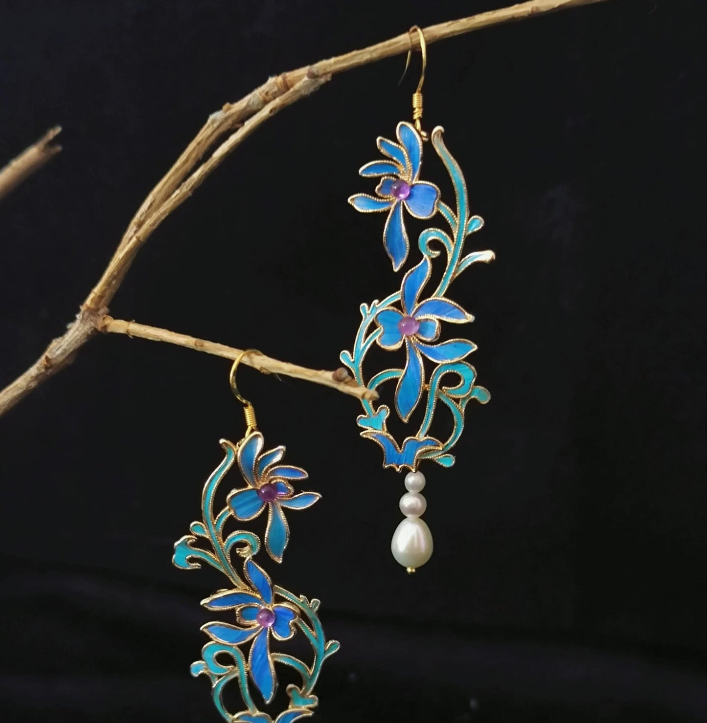 Blue Feather Earrings, Iris Flower Dangle, Amethyst and Pearl Jewelry, Unique Gift for Her, Something Blue for Bride, Nature Inspired Art