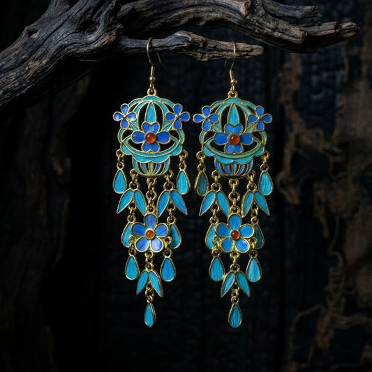 Floral Chandelier Earrings, Blue Feather Dangles, Red Agate Statement Jewelry, Long Tassel Gift for Her, Nature Inspired Art