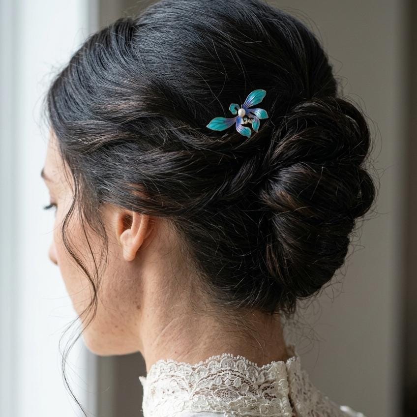 Blue Iris Hair Pin, Natural Parrot Feather Accessory, Something Blue Bridal Pin, Blue Purple Flower Hair Fork, Unique Hair Accessory for Her