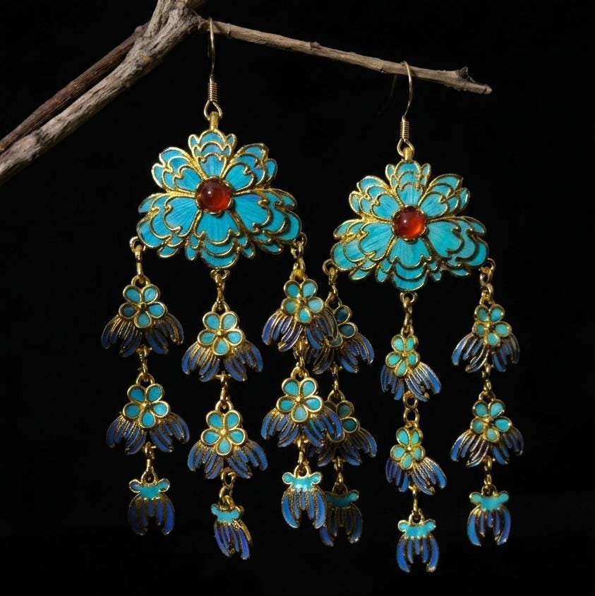 Floral Chandelier Earrings, Peony Blue Feather Dangles, Red Agate Statement Jewelry, Long Tassel Gift for Her, Nature Inspired Art