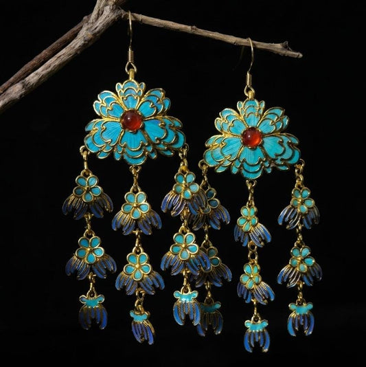 Floral Chandelier Earrings, Peony Blue Feather Dangles, Red Agate Statement Jewelry, Long Tassel Gift for Her, Nature Inspired Art