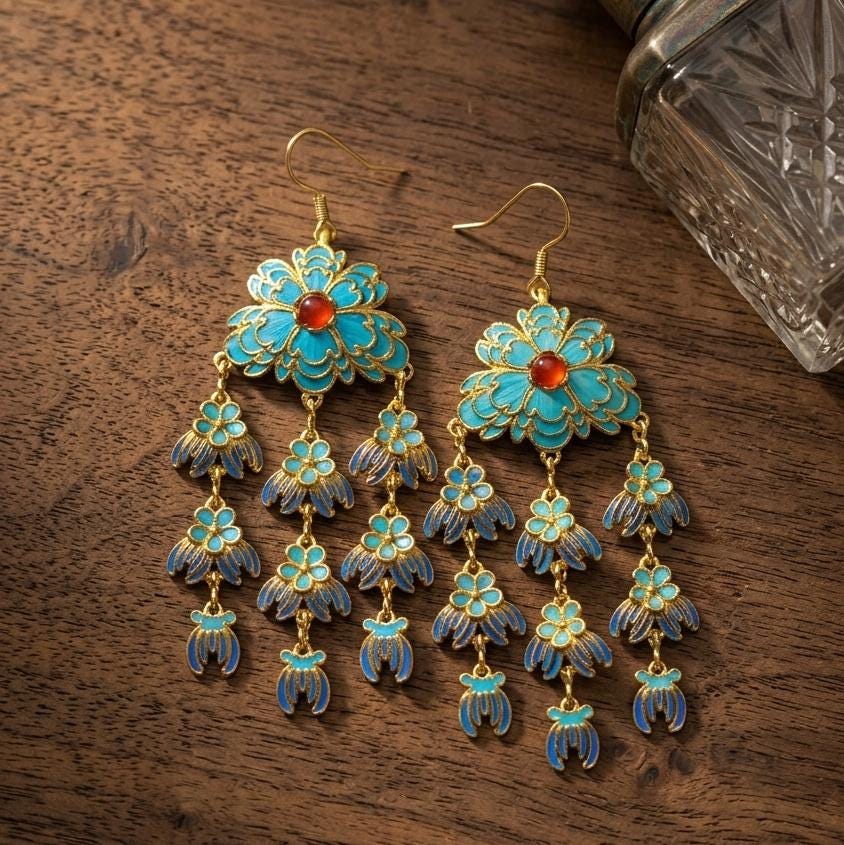 Floral Chandelier Earrings, Peony Blue Feather Dangles, Red Agate Statement Jewelry, Long Tassel Gift for Her, Nature Inspired Art