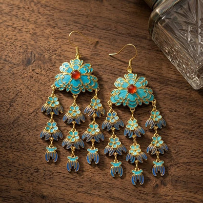Peony Blue Feather Chandelier Earrings