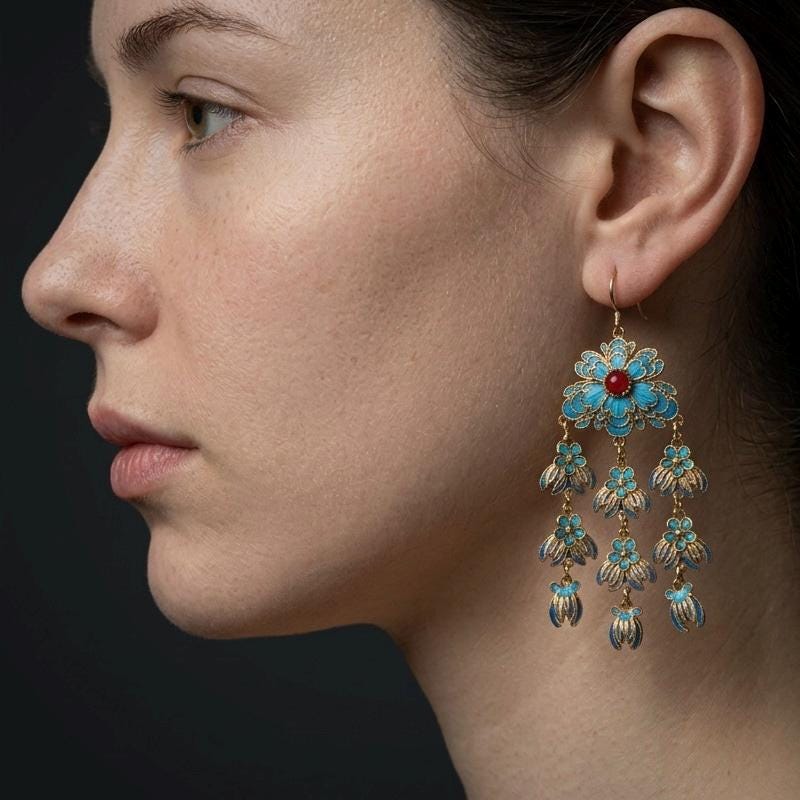 Floral Chandelier Earrings, Peony Blue Feather Dangles, Red Agate Statement Jewelry, Long Tassel Gift for Her, Nature Inspired Art